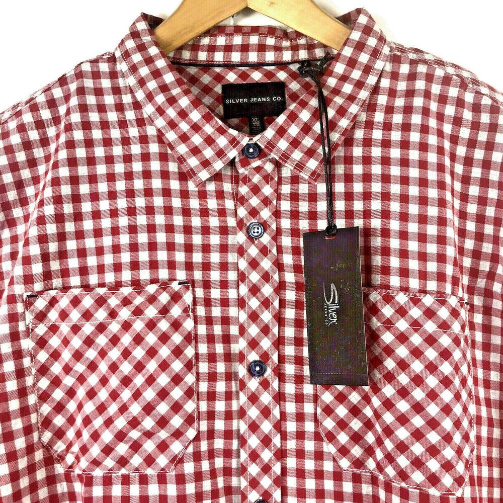 SILVER Jeans Co Shirt Mens L Long Sleeve Red Gingham Check Western Utility $68
